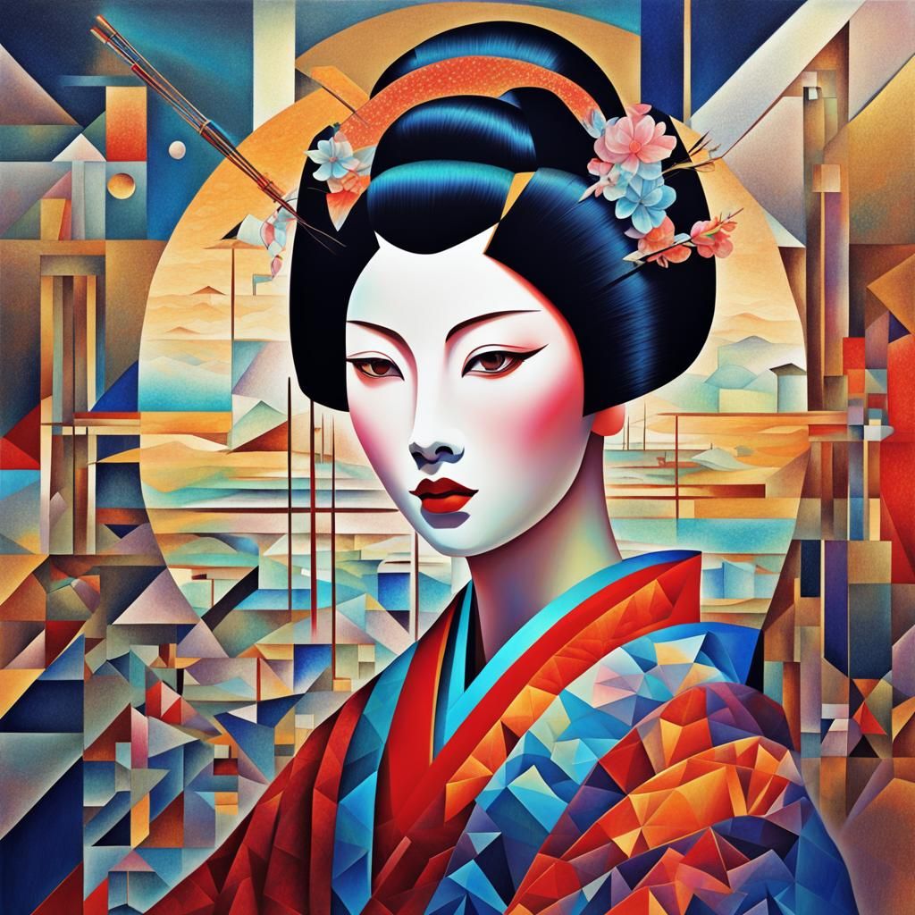Geisha in Holographic Astral Cosmic Abstract Cubism