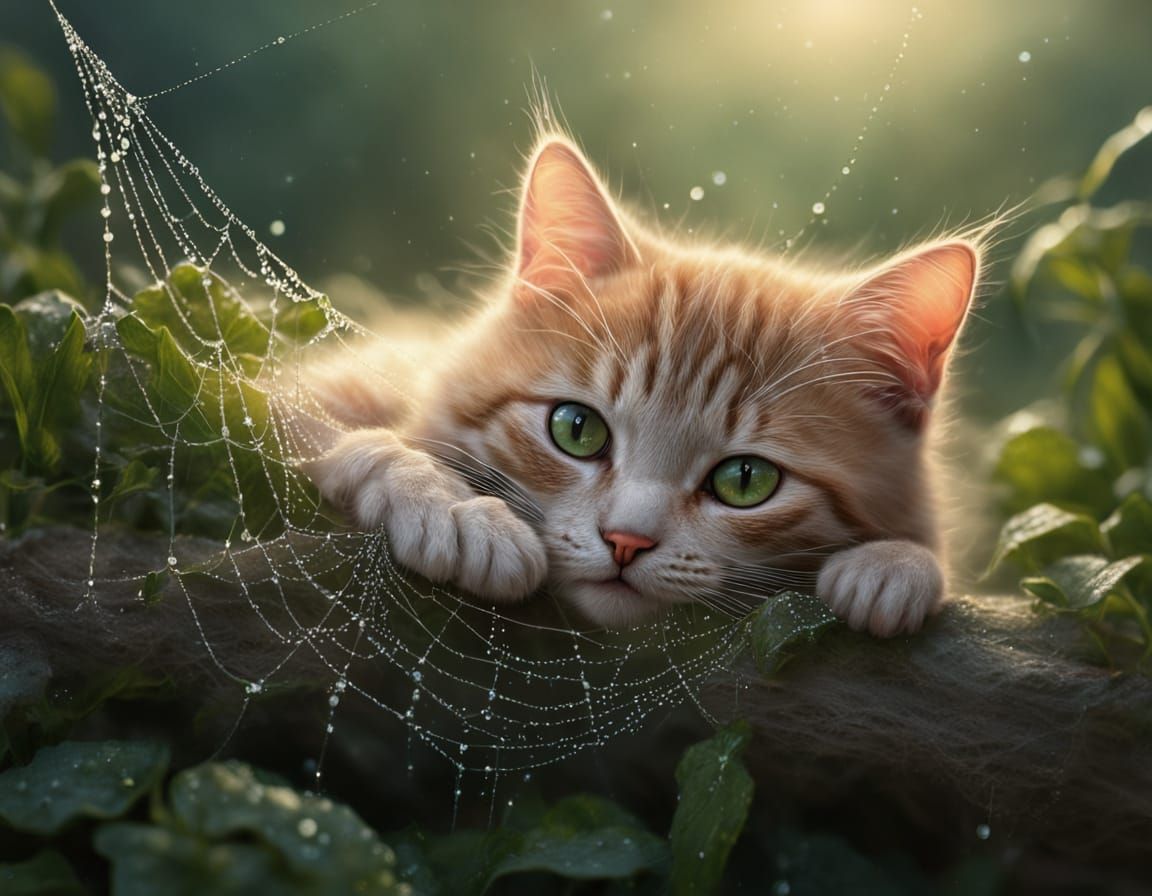 Kitten Sleeping on Dew-Covered Spiderweb in Soft Dawn Light