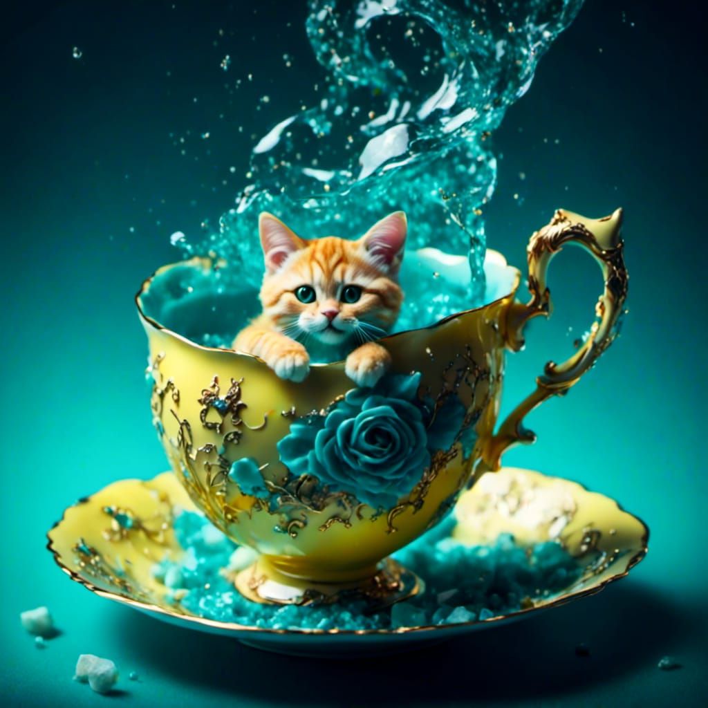A yellow tabby in a tea cup