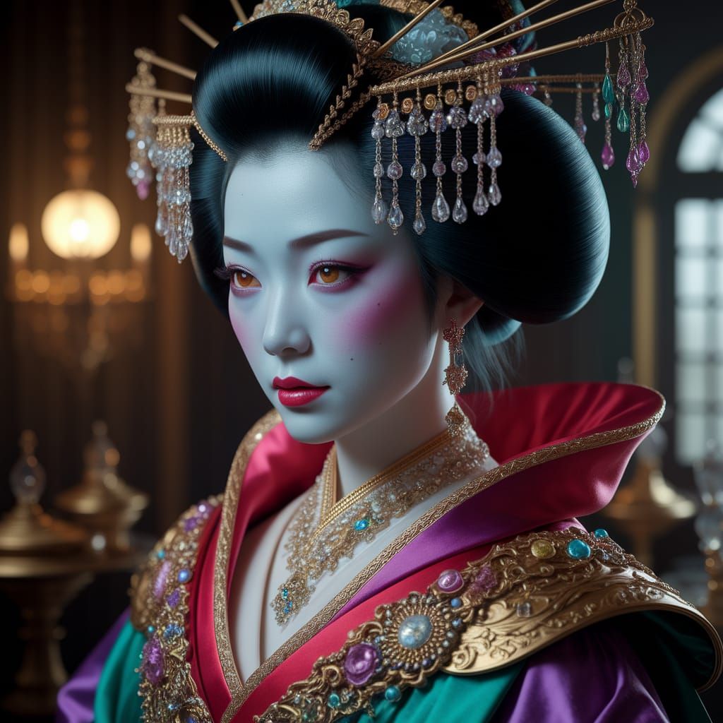 Elegant Geisha in Vibrant Fantasy Style