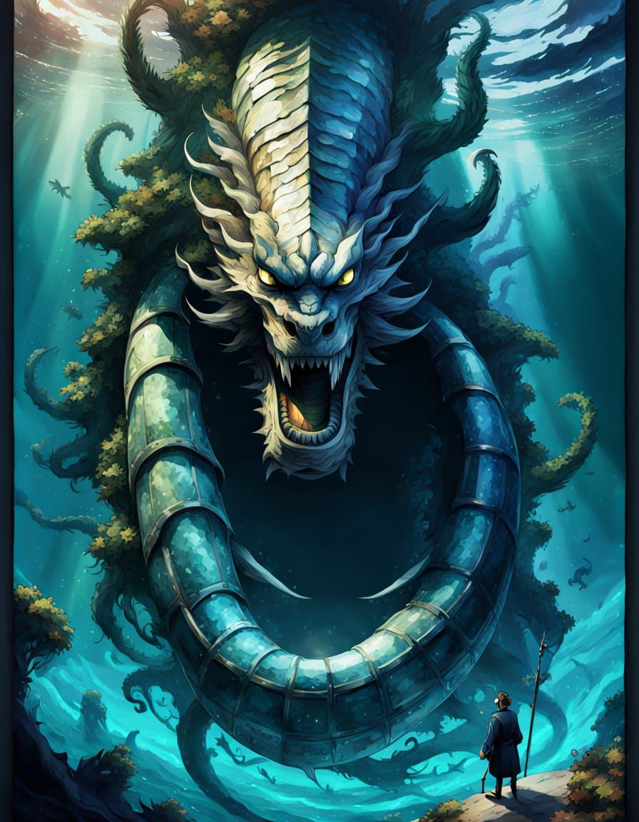 Colossal Serpent Rises From Ocean Depths In Anime Style