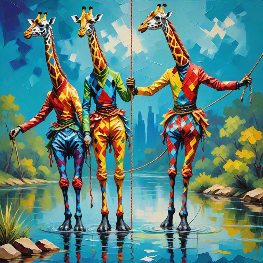 Pop Art Harlequin Tightrope Walker on Giraffe Bridge