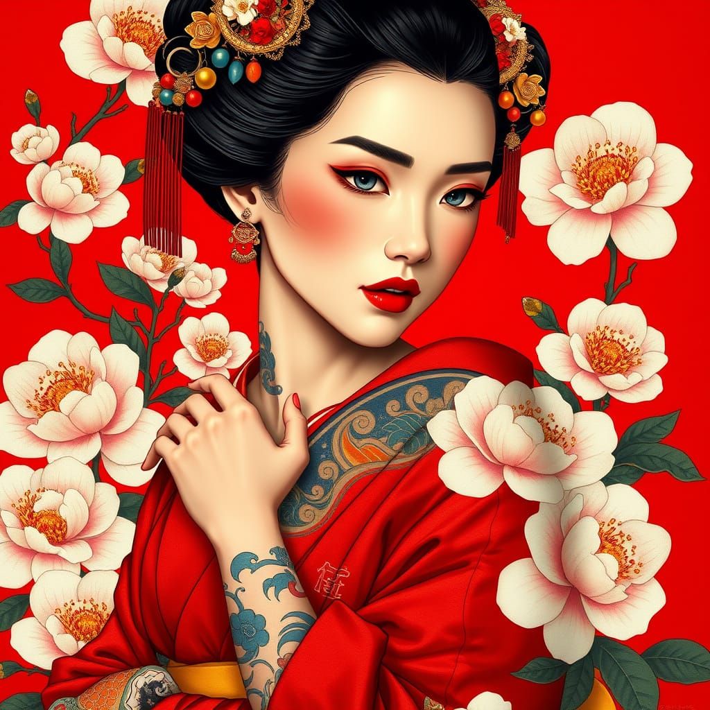 Asian Woman in Traditional Japanese Kimono with Floral Desig...