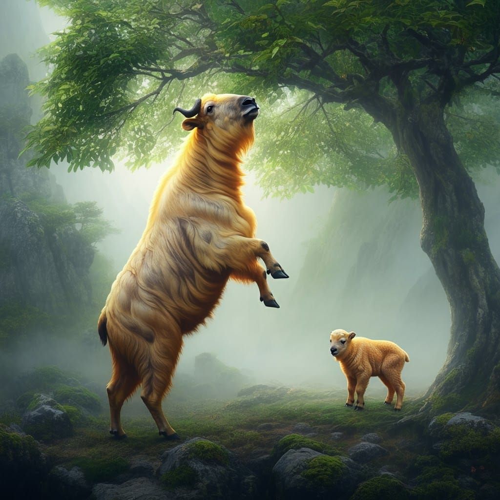 Golden Takins in Qin Mountains, Hyperrealistic Image