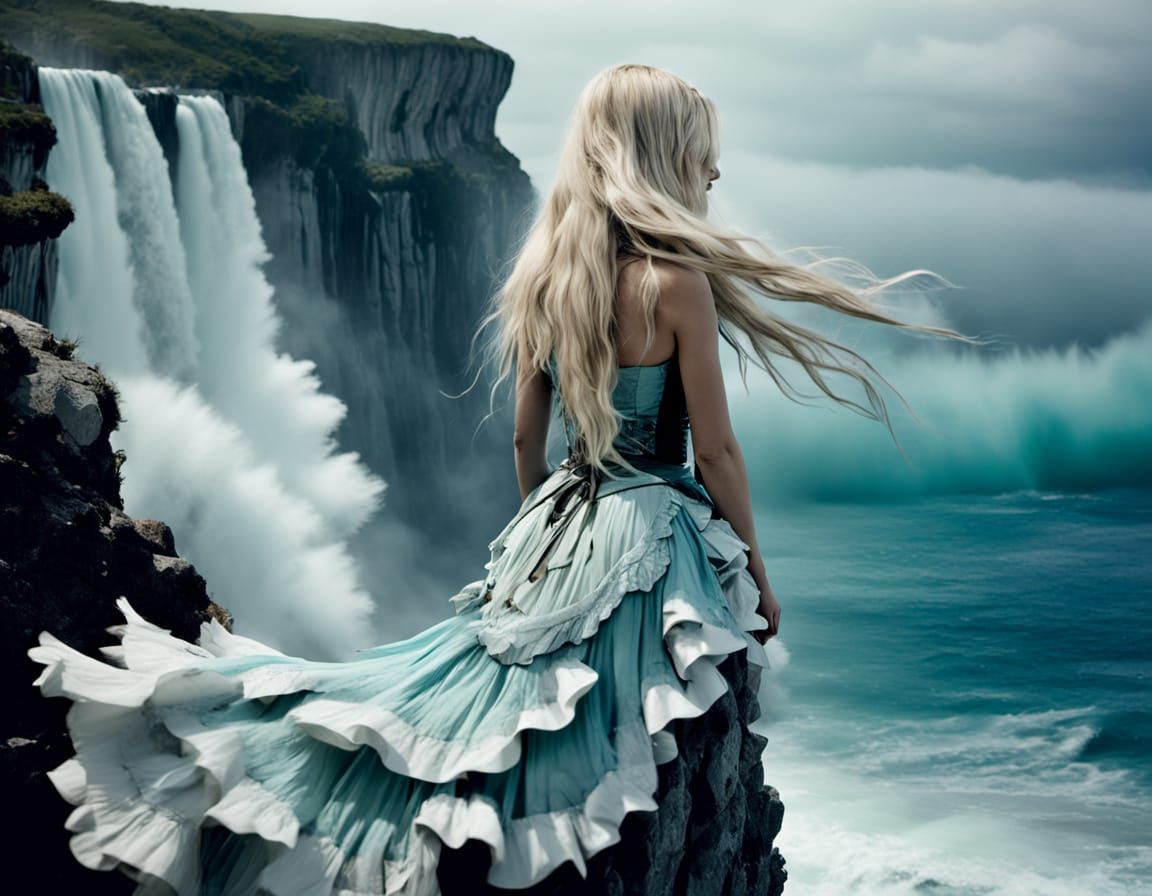 Woman Gazing from Cliff with Herons, Cinematic Still