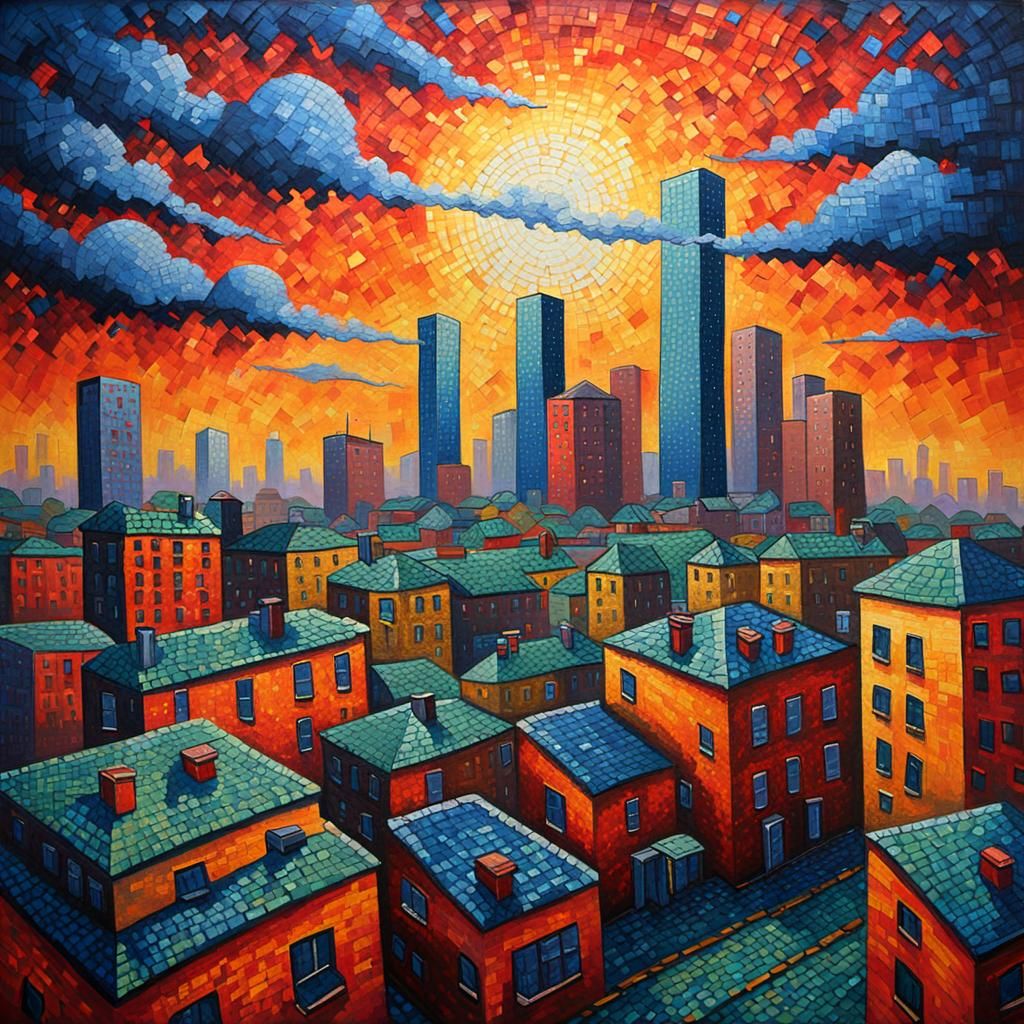 Dystopian Cityscape in Pointillist Neo-Impressionism Style