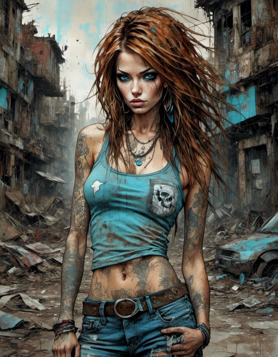 Post-Apocalyptic Punk Woman in Oil Painting Style
