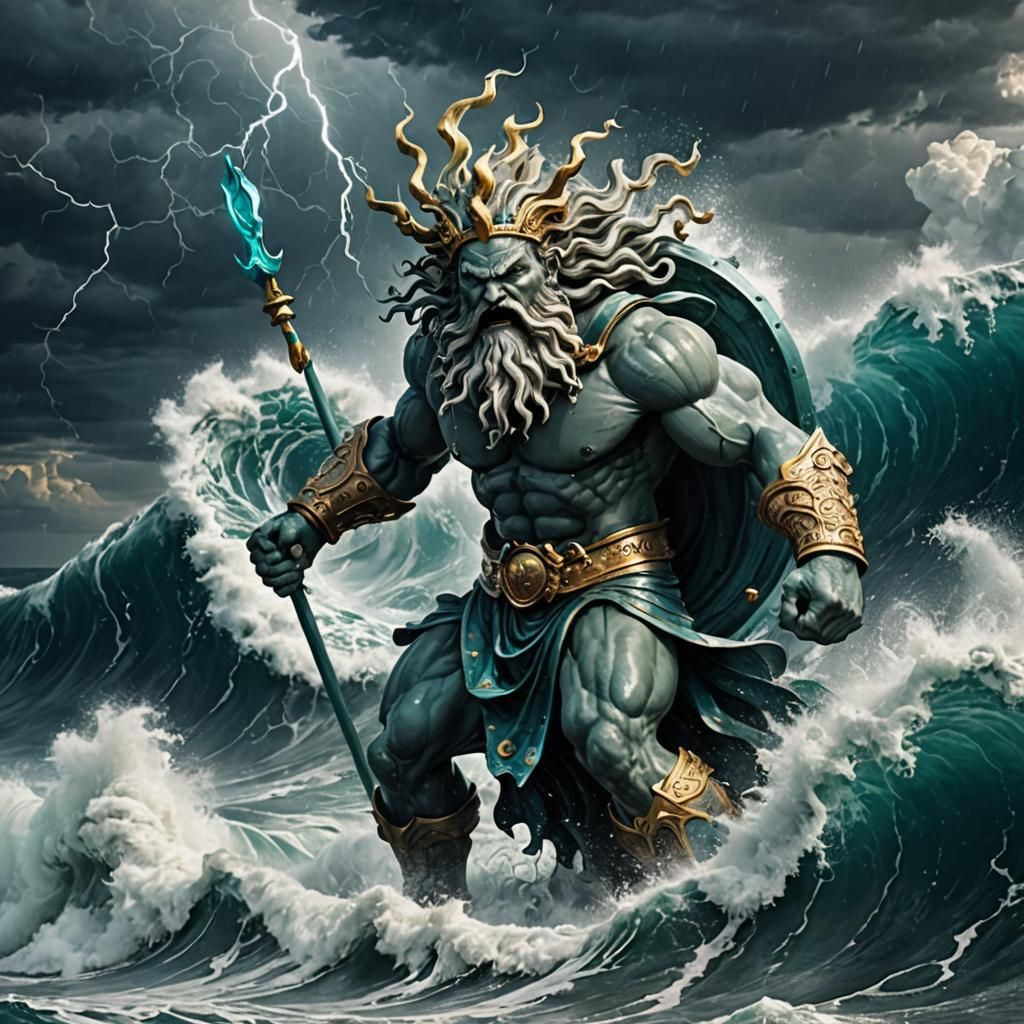 Angry Neptune God Creates Thunderous Ocean Storm