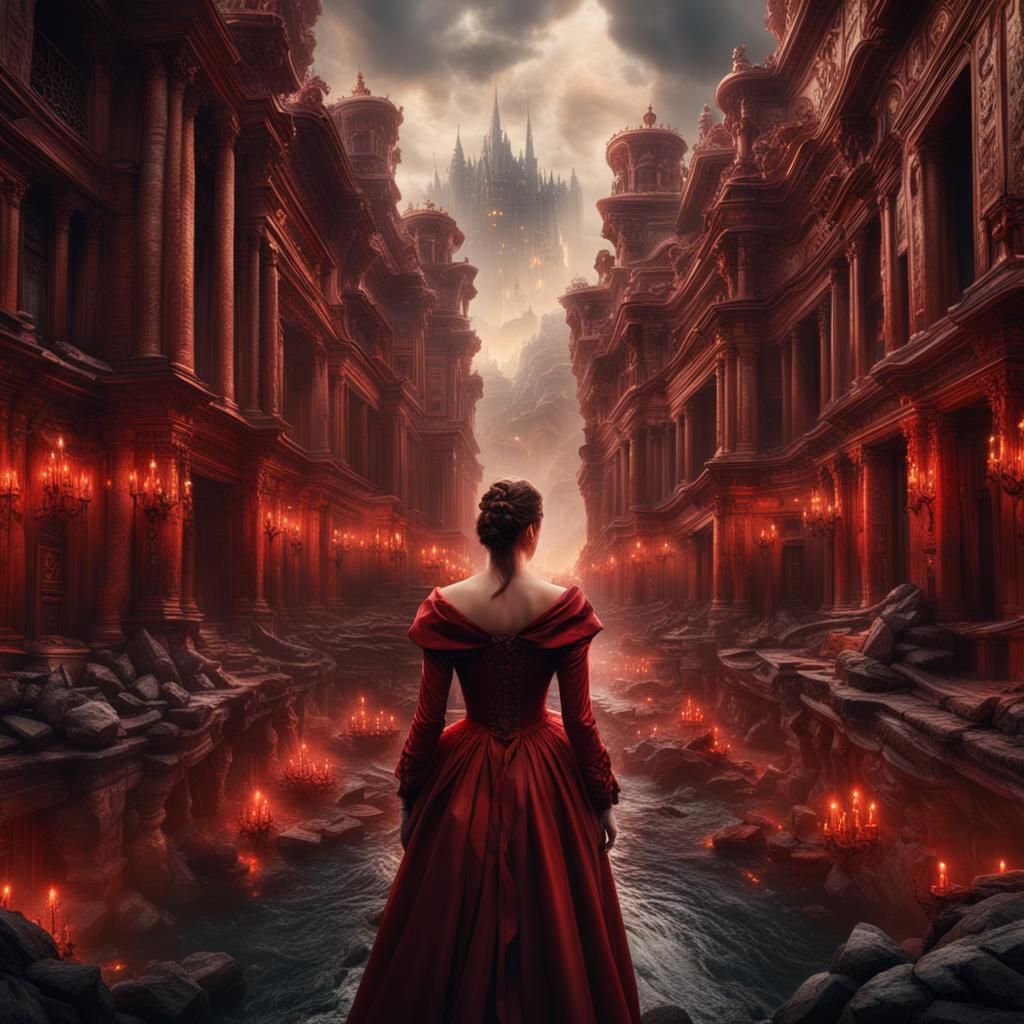 Sensual Woman in Red Dress Walks in Rain