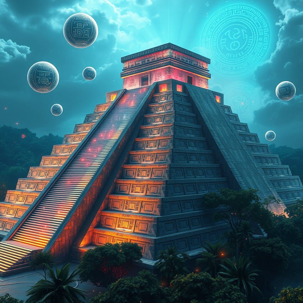 Surreal Metaverse Vision of Chichen Itza with Glowing, Liqui...
