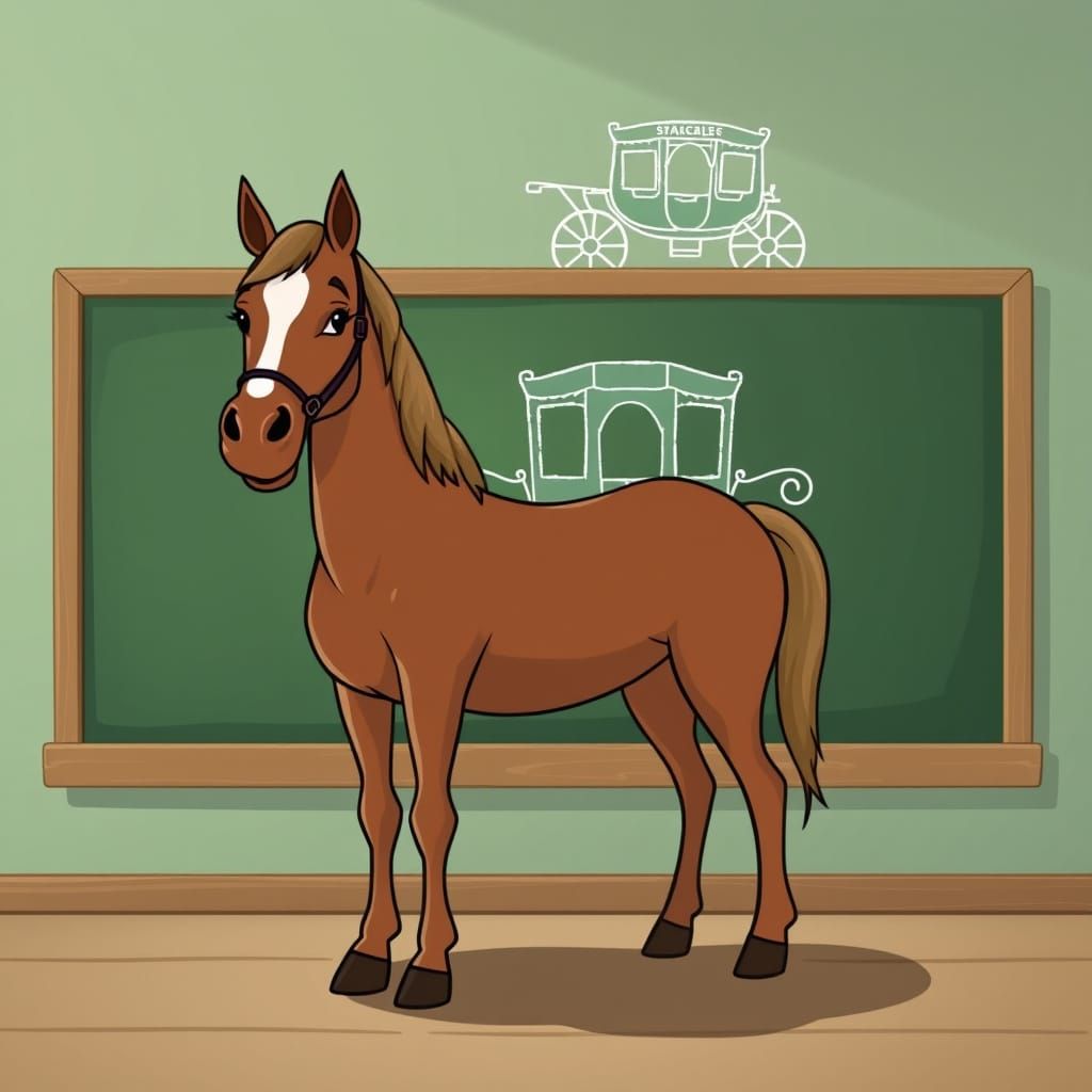 Cartoon Horse and Stagecoach Blackboard Drawing