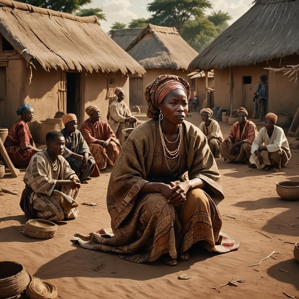 Nigerian Woman's Emotional Village Scene in Fantasy Realism