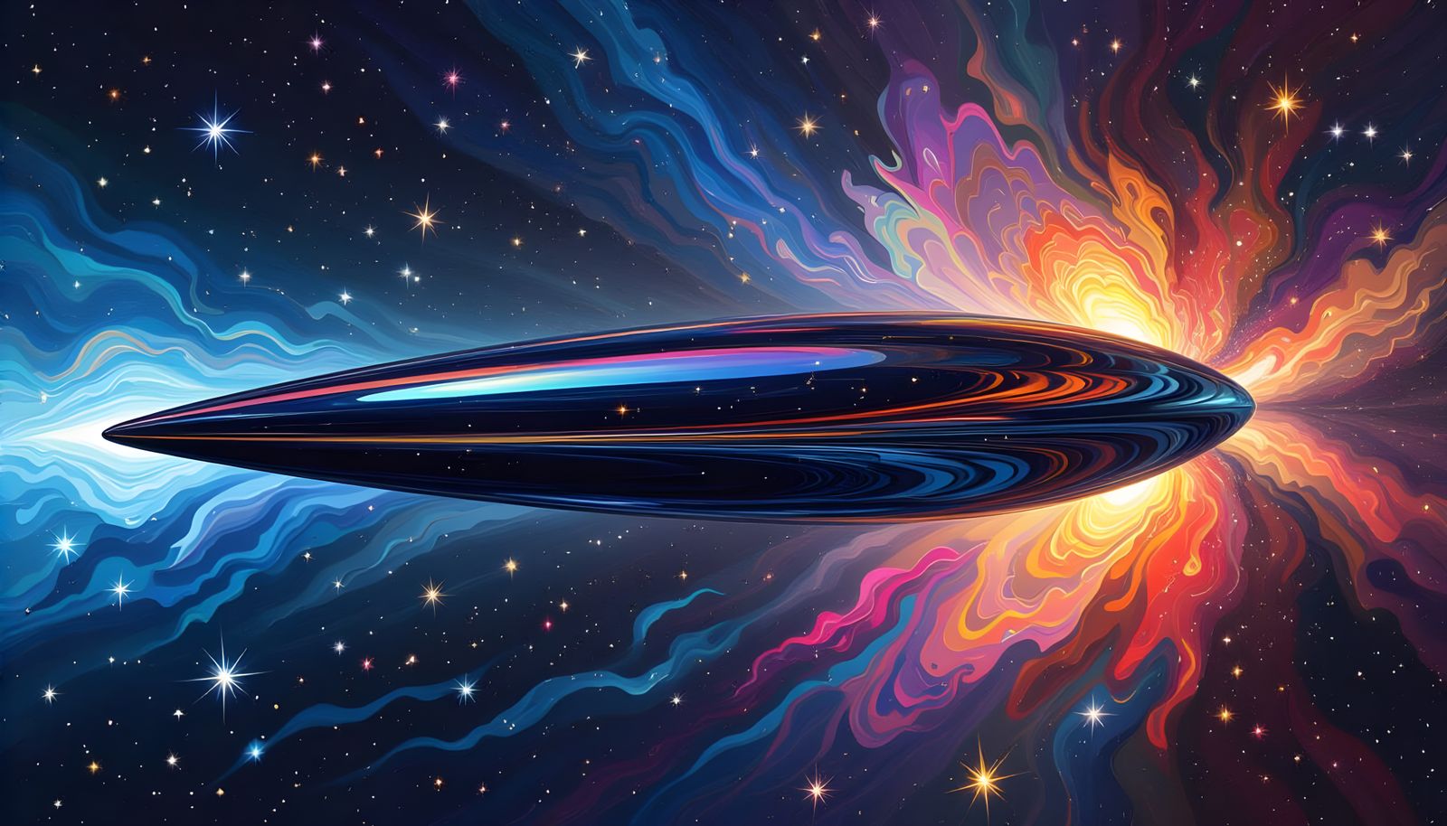 Teardrop Spaceship Races Through Kandinsky Star Cosmos