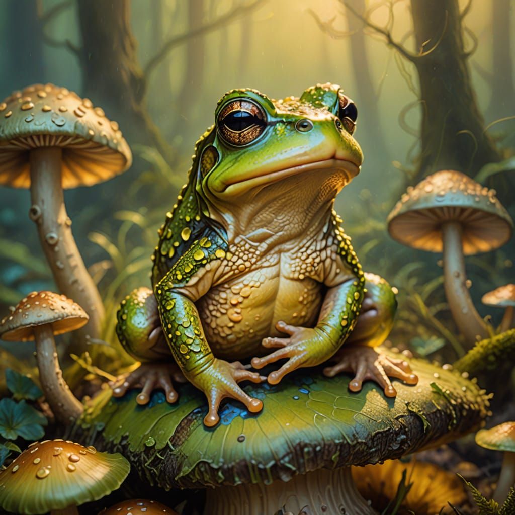 Iridescent Toad on Mushroom, Oil Painting Style