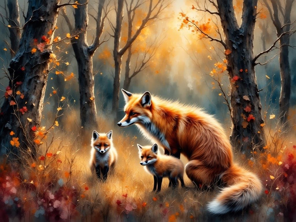 Autumn Forest Fox Family in Vibrant Watercolor Oil Painting