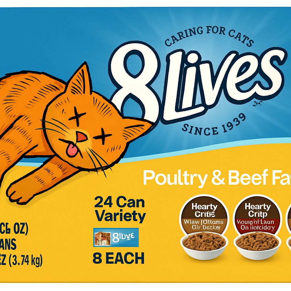 Cartoon Illustration of '8lives' with Dead Cat