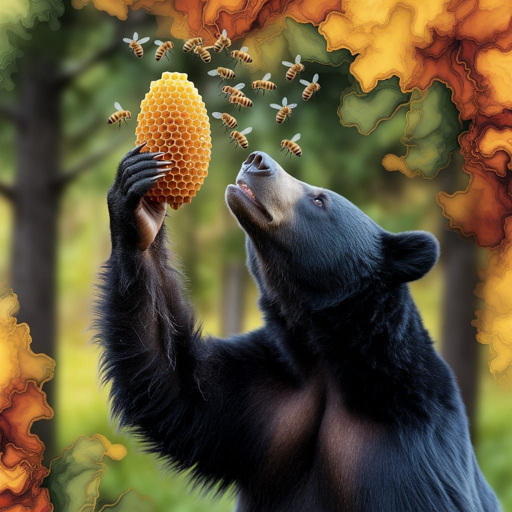 Black Bear in Vibrant Forest Heist, Alcohol Ink Style