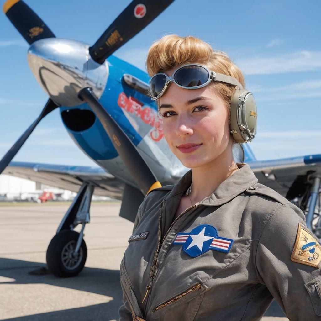 Female Pilot Smiling in Vintage Aviation Art