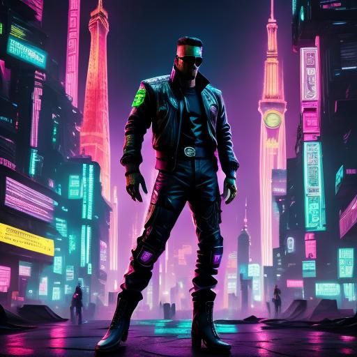 Cyberpunk Figure Beside Eiffel Tower in Neon Style