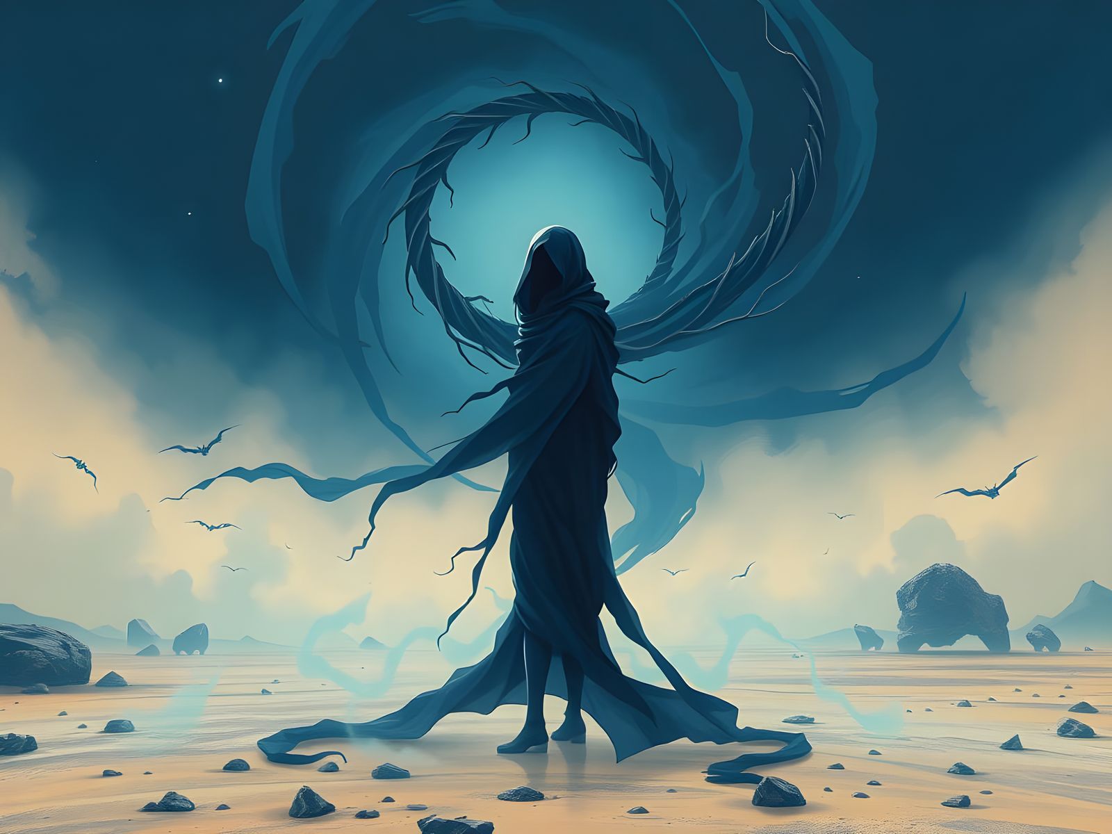 Androgynous Figure in Mysterious Blue Vortex