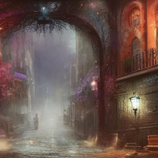 Fantastical Cityscape with Intricate Details in Deep Color