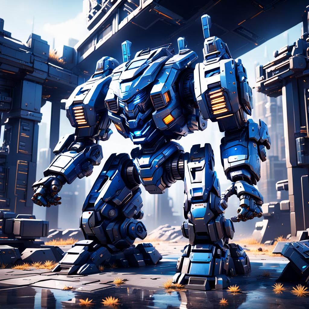 Futuristic Police Mecha with Guns in Sci-Fi City