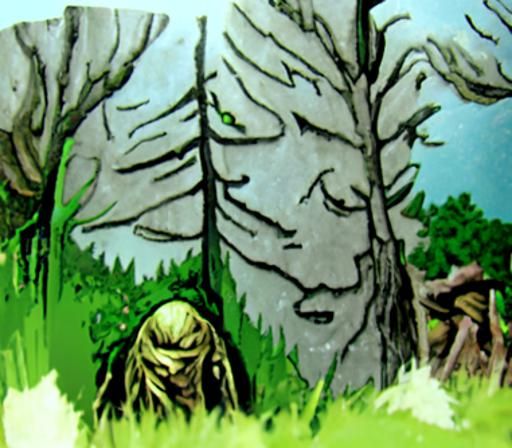 Green Elf Kneeling in Forest, Graphic Novel Art