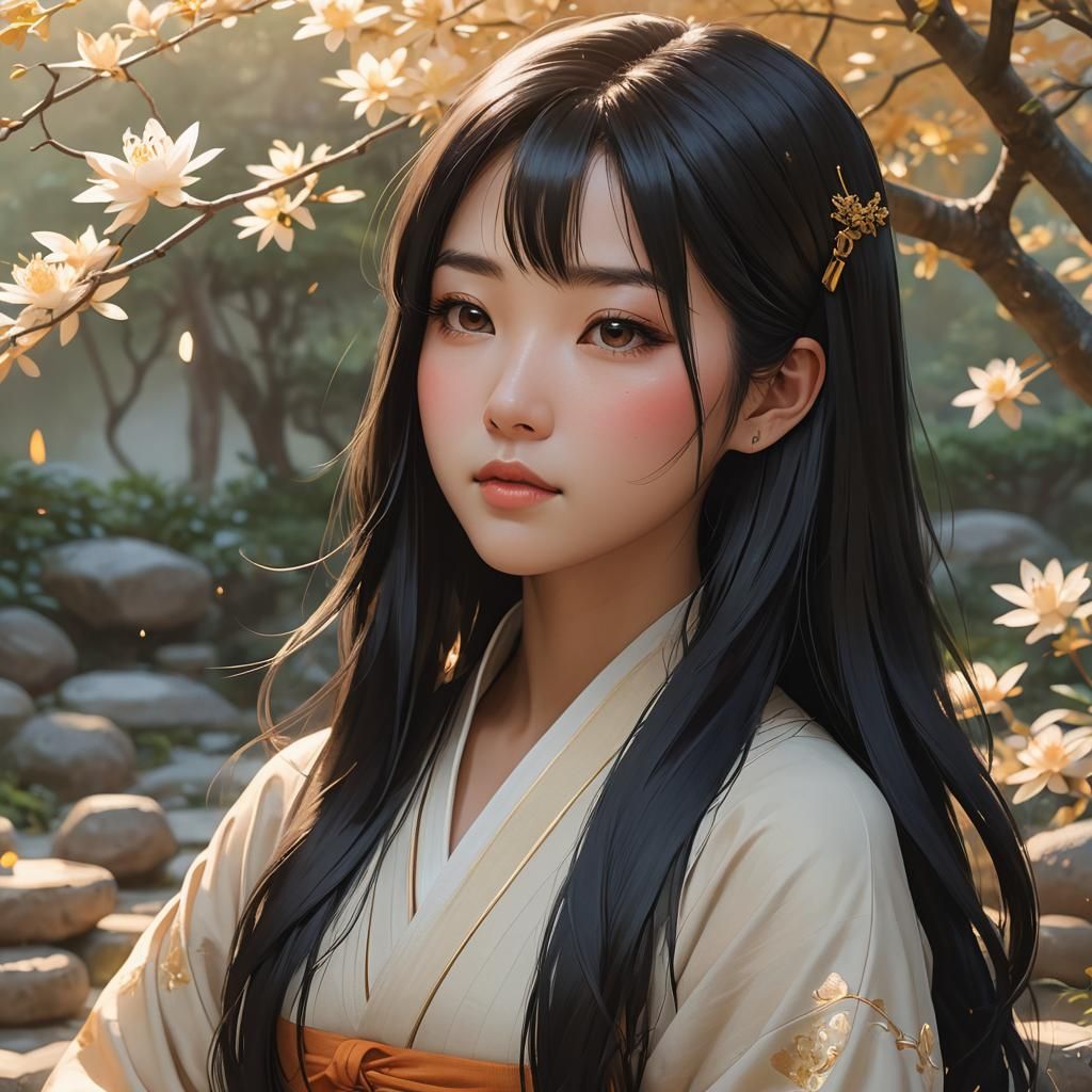 Serene Asian Girl in Zen Garden: 3D Anime Portrait