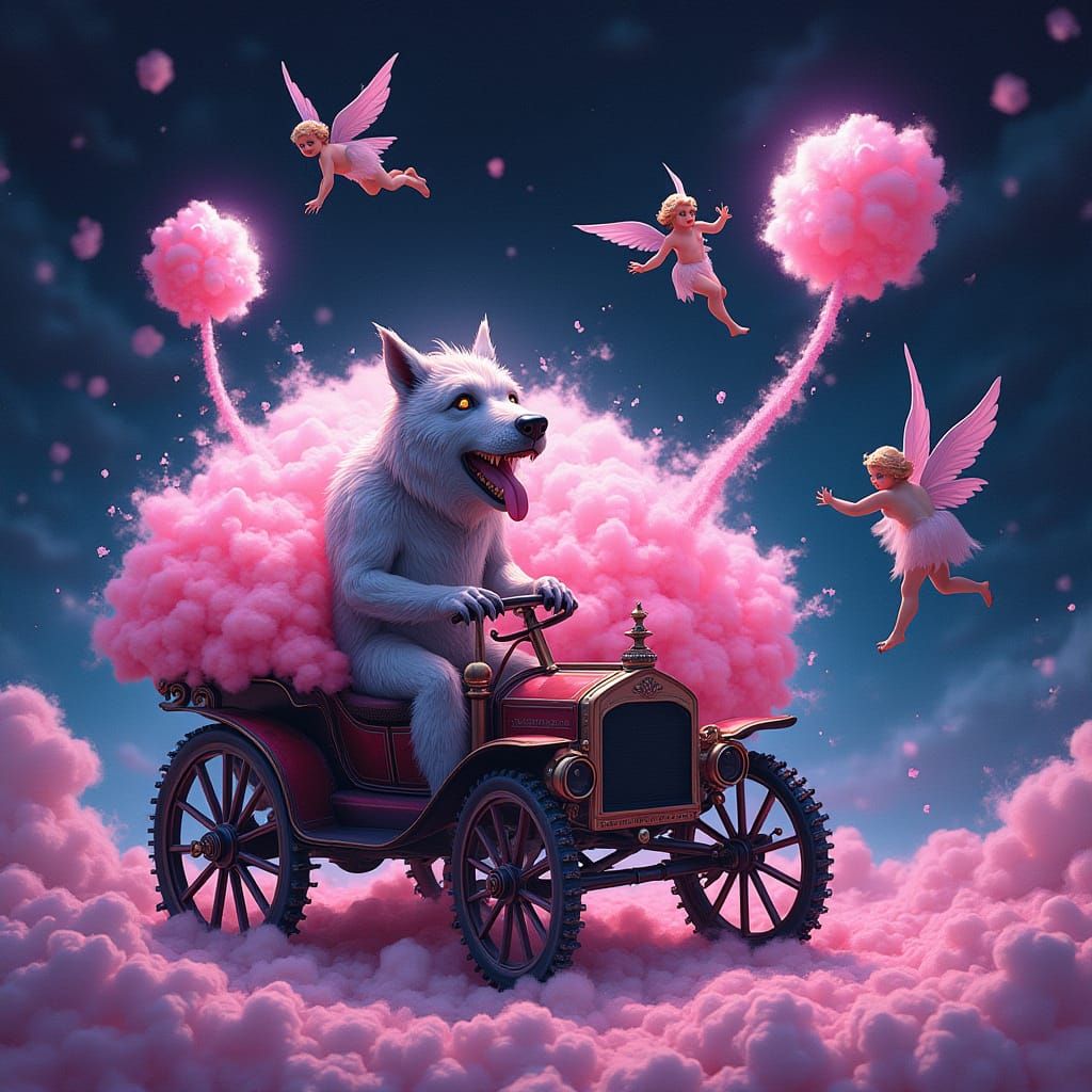 Werewolf Drives Cotton Candy Buggy with Fairies