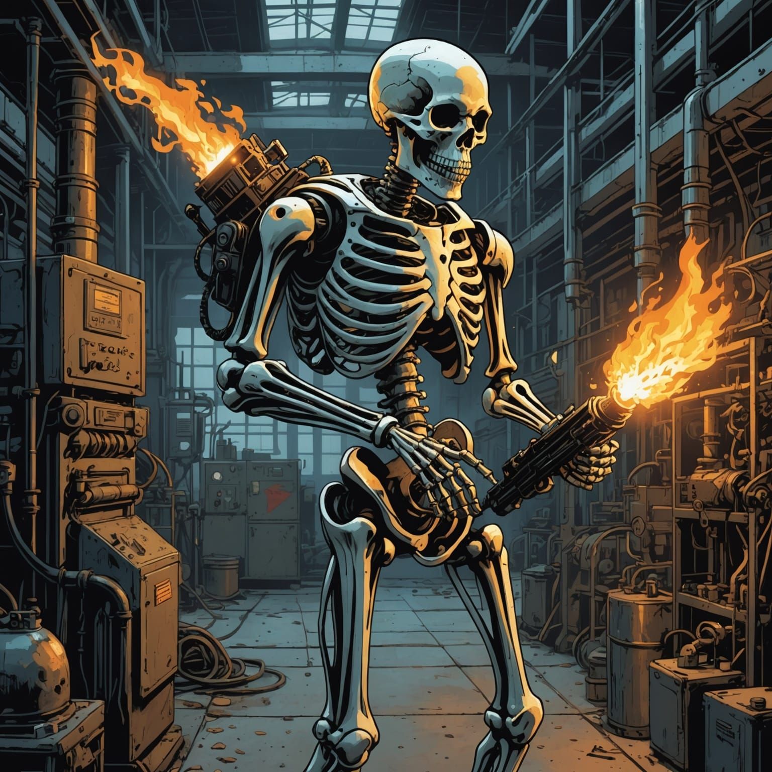 Skeleton with Flamethrower in Factory, Comic Book Art
