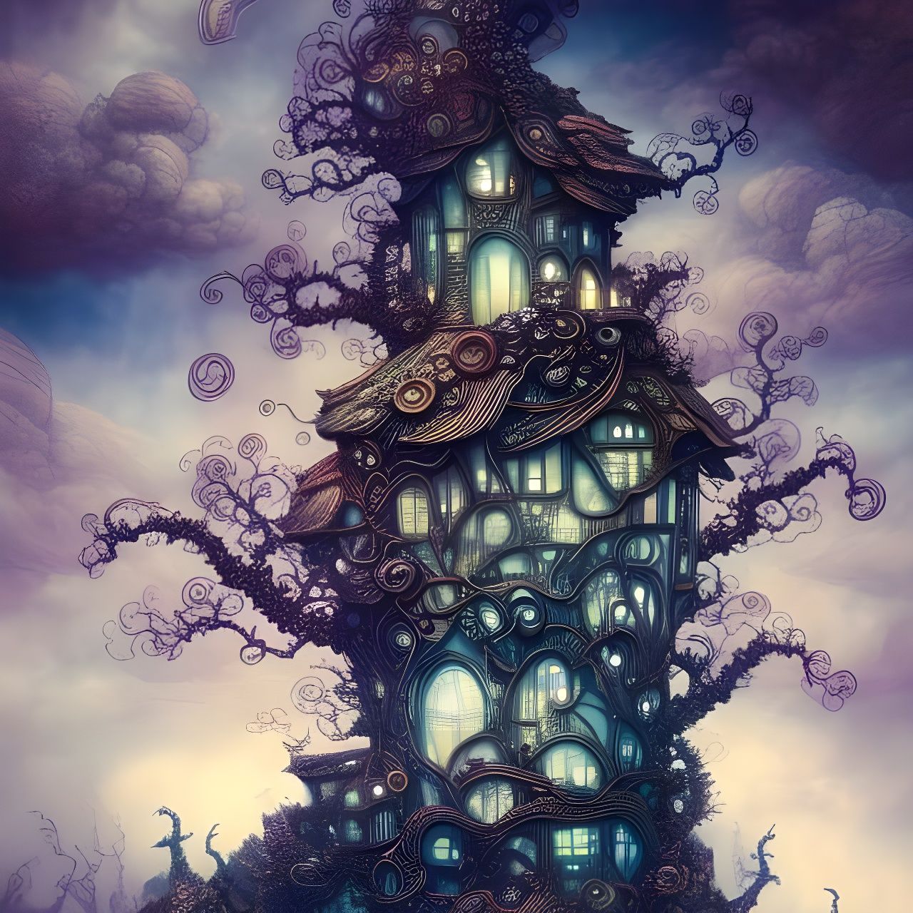 Clockpunk Bonsai Village Under Moonlight