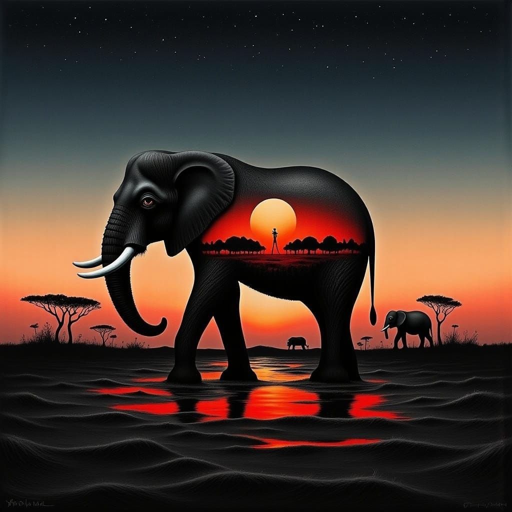 African Elephant Double Exposure with Oasis Sunset