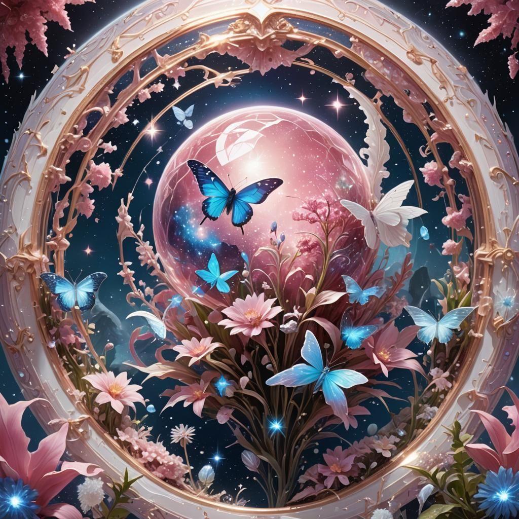 Pink Crystal Planet with Blue Stars in Dreamlike Sci-Fi