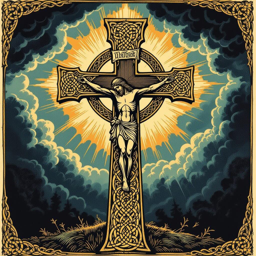 Celtic Cross Crucifixion in Woodcut Style