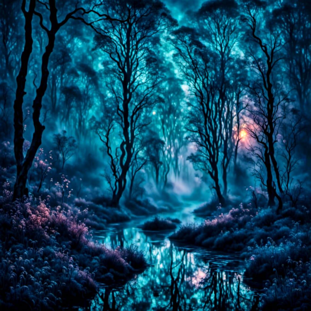Eerie Bioluminescent Mist in Haunted Forest