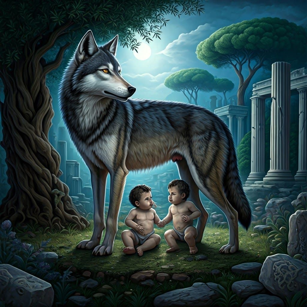 Majestic She-Wolf Nurtures Twin Brothers in Ancient Rome