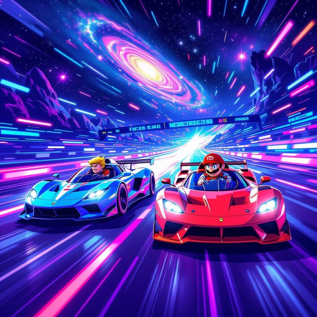 Trump and Mario Race on Neon Space Track in Anime Style