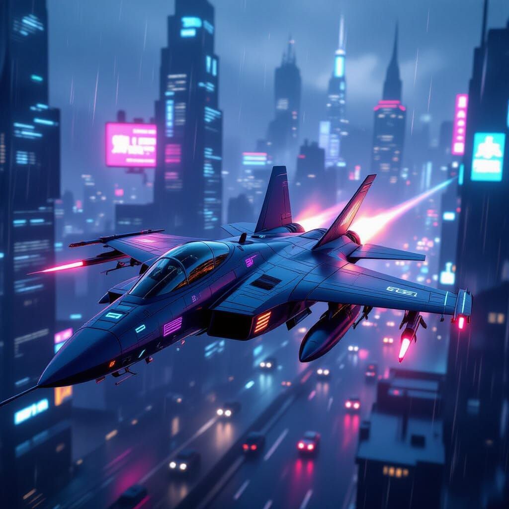 Futuristic Fighter Jet Soars Through Dystopian Cityscape