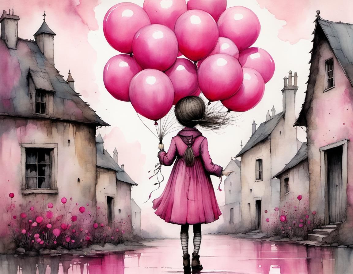 Girl with Pink Balloons in Whimsical Style