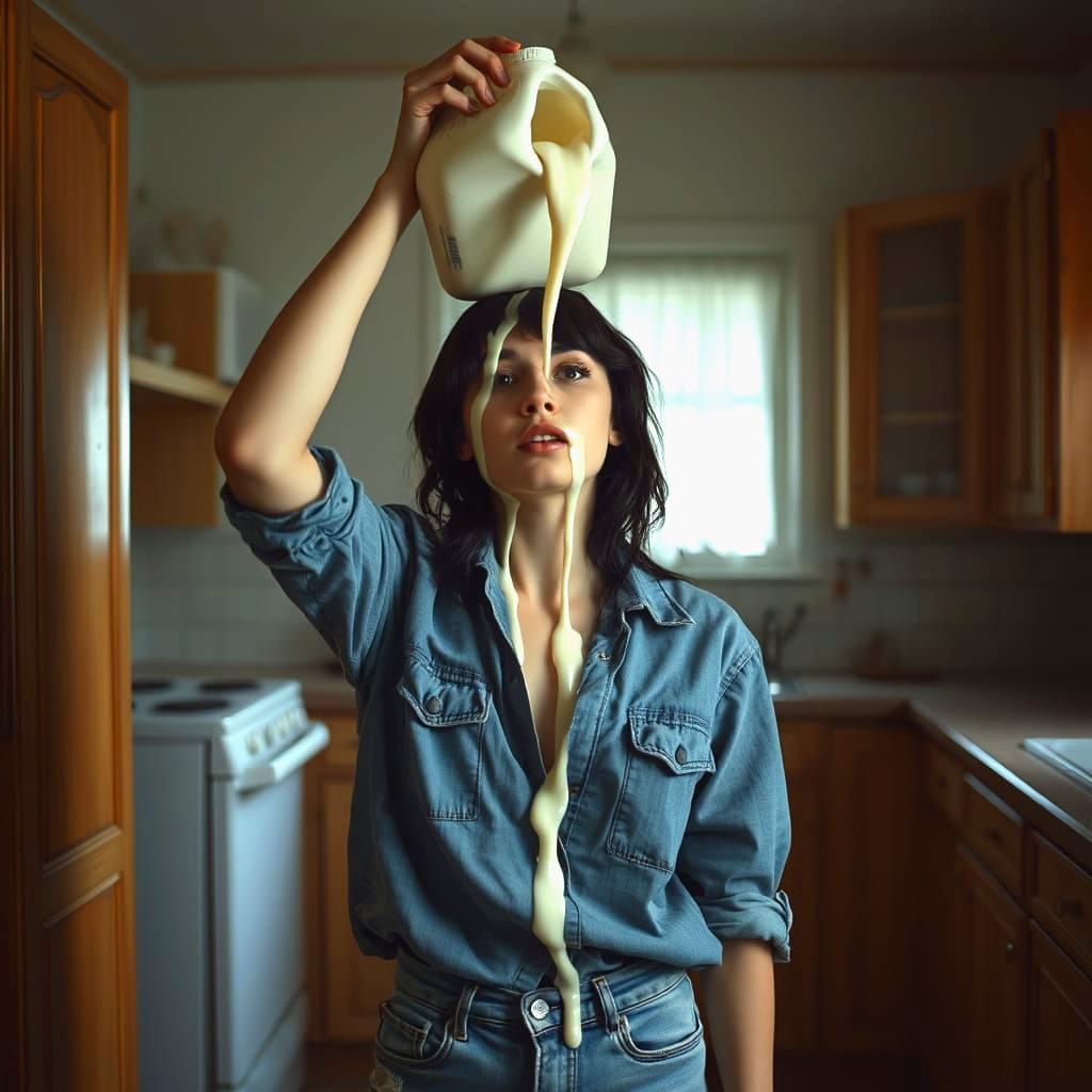 Woman Smothered in Milk in Dimly Lit Kitchen