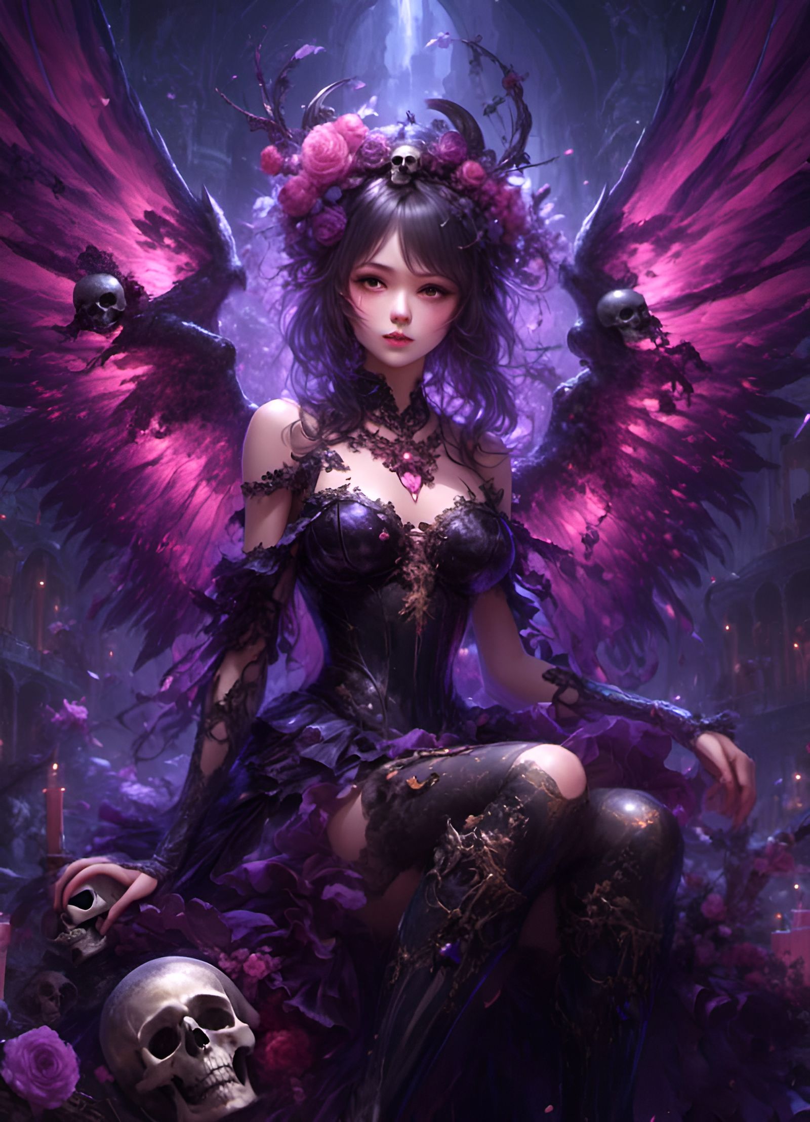 Girl with Purple Wings and Skeletons in Kawacy Style