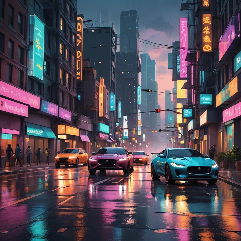 Jaguars Race Cars in Neon Cityscape