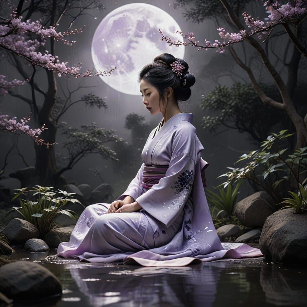 Geisha Contemplating Moon: Sumi-e Ink Painting