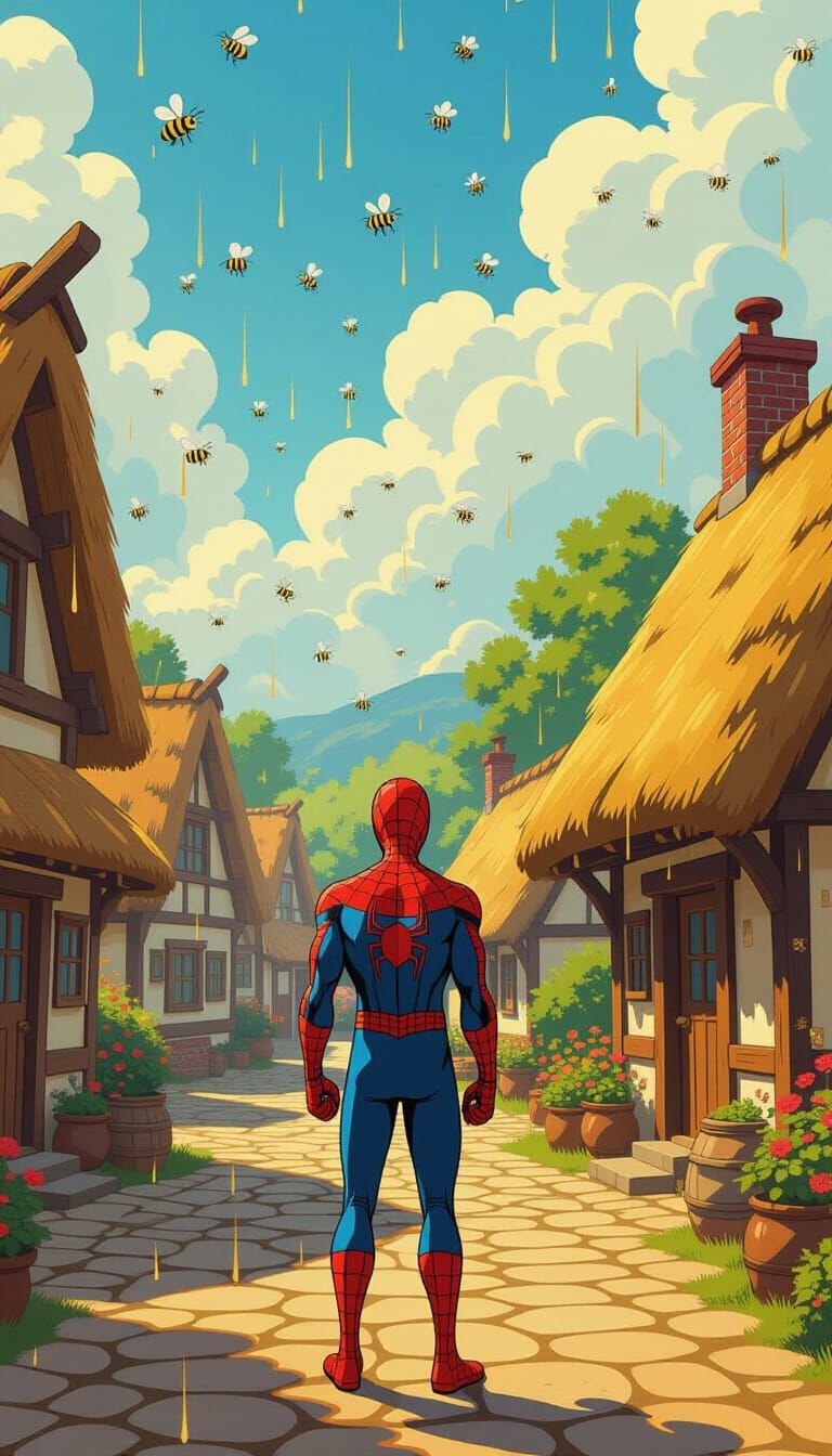 Spider-Man in Honey Rain Village, Whimsical Dreamlike Scene