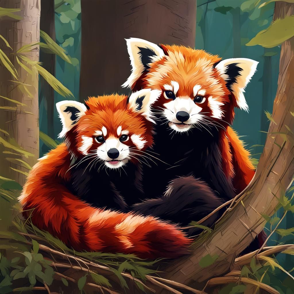 Red Panda Family in Forest Landscape