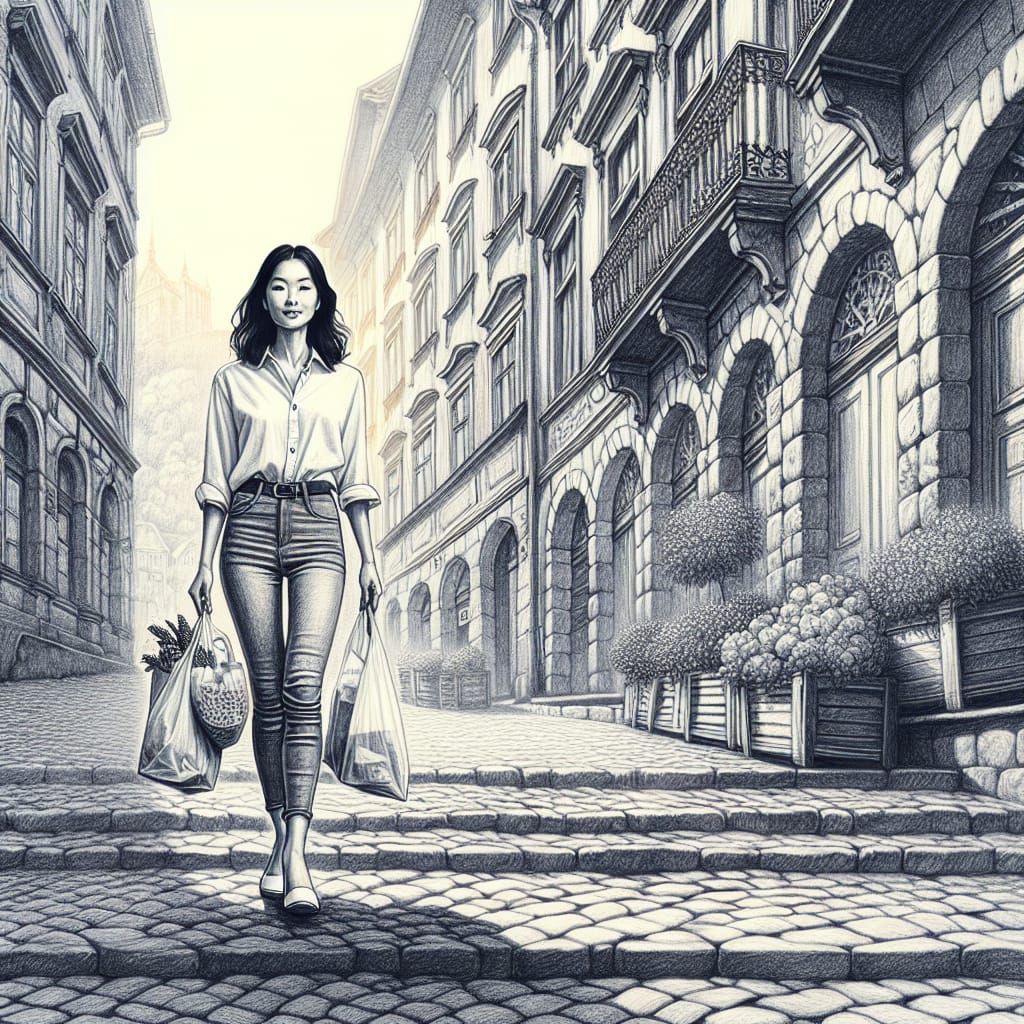 Curvy Woman Climbs Grey Cobblestone Steps Amidst Whimsical B...