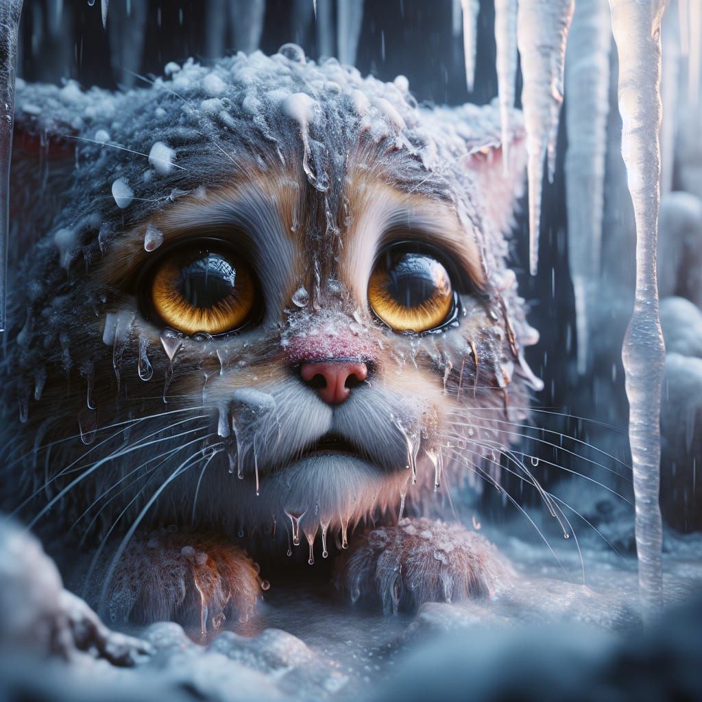 Cat's Winter Struggle: A Photorealistic Dystopian Scene