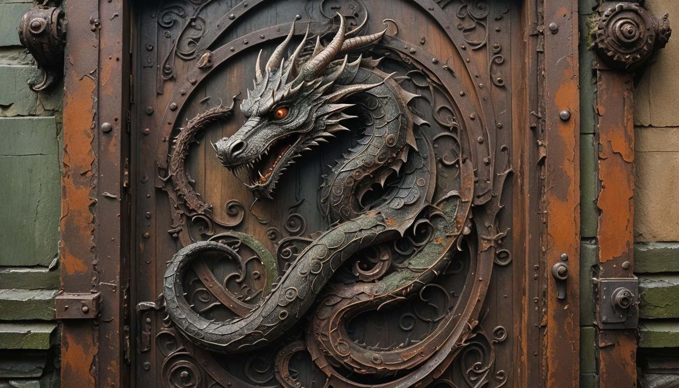 Serpent Dragon Guardian of Gothic Door in Dark Fantasy Art