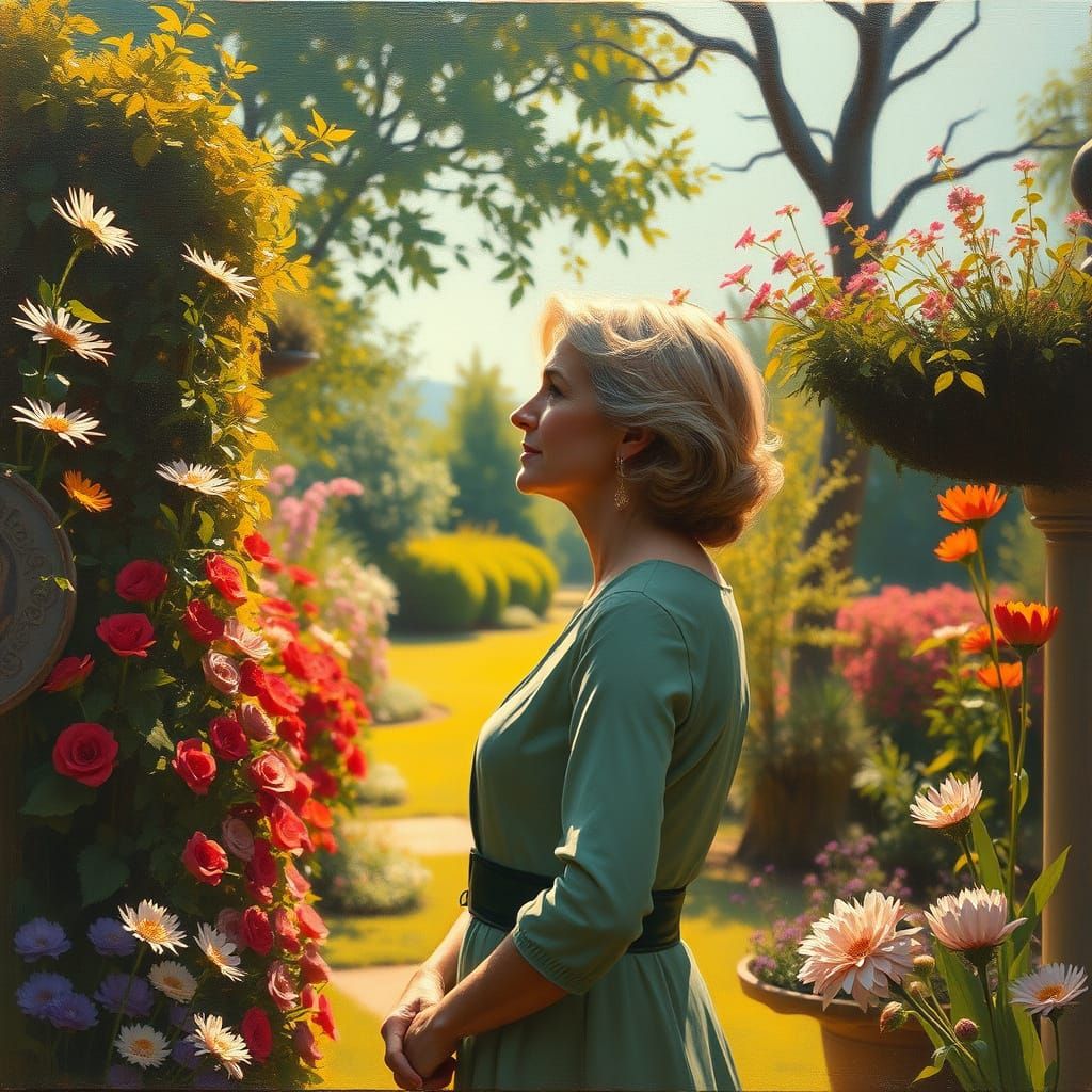 Elegant Woman in Garden: Impressionist Oil Painting