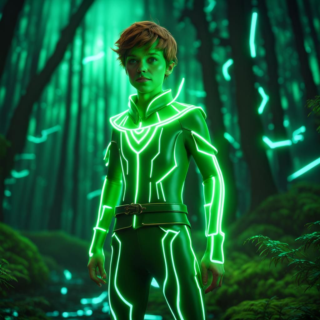 Peter Pan in green glowing TRON inspired outfit. In digital forest. body out of frame Unreal Engine 5 8K resolution